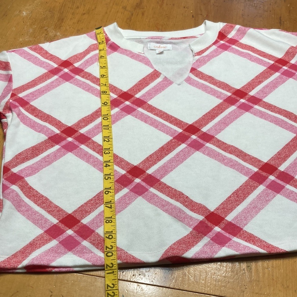 Colsie Preppy Pink Red Plaid Coquette Cropped Sweatshirt Medium NEW - Picture 4 of 8